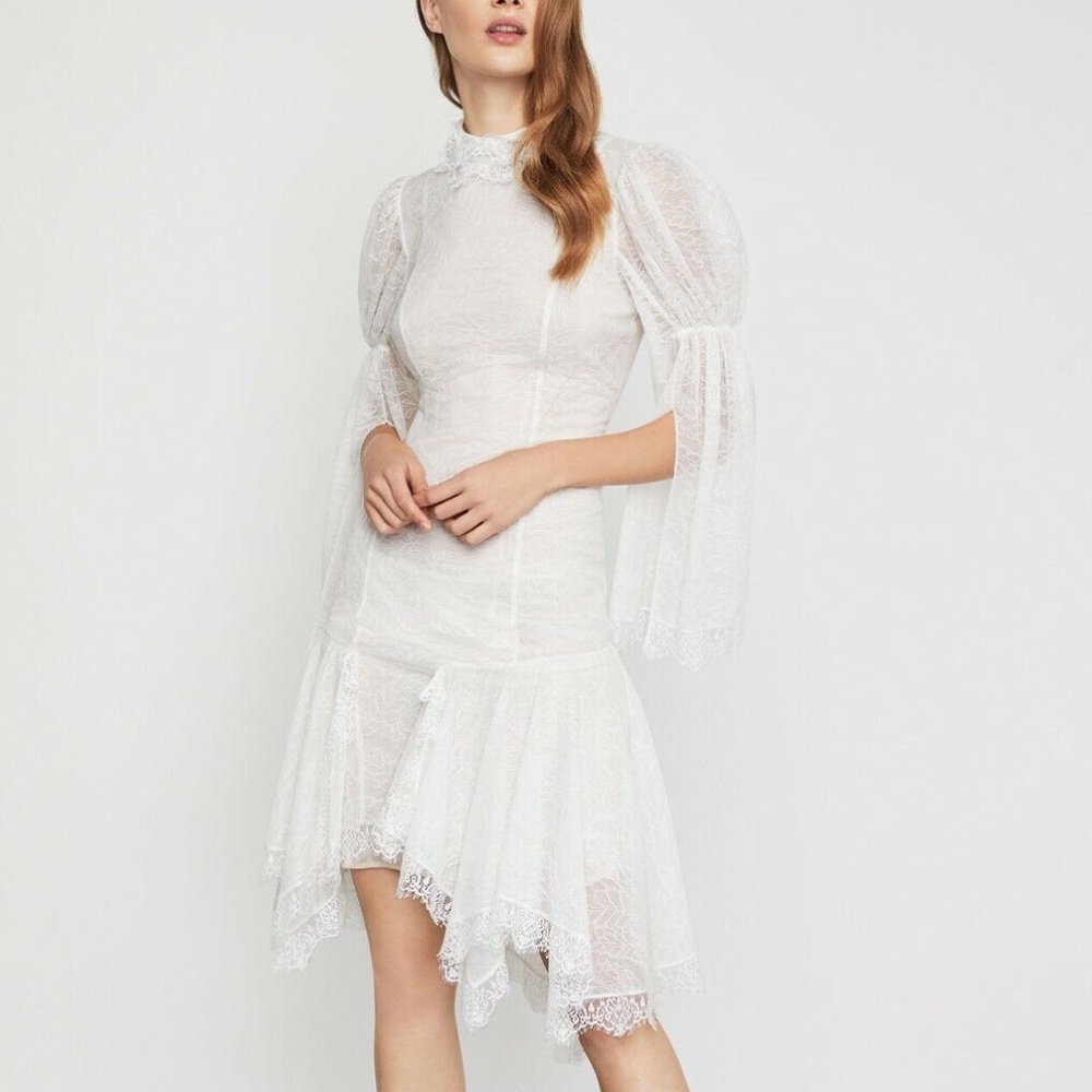 BCBG Max Azria Asymmetrical Lace Slit-Sleeve Sheath Dress Off White